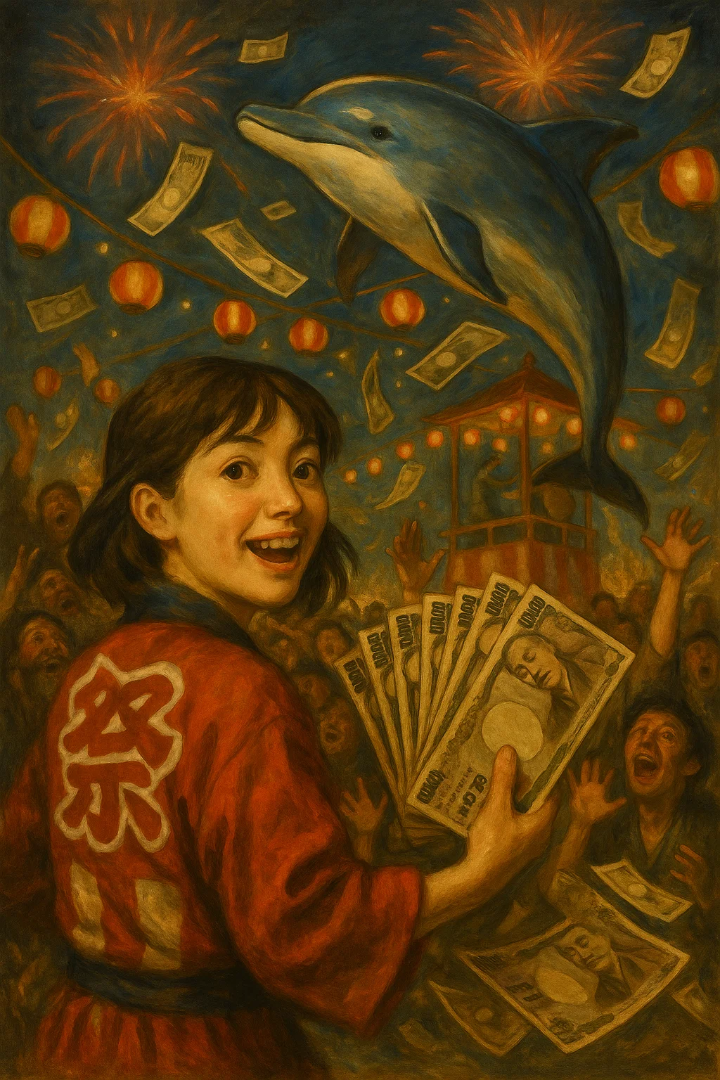 『祭囃子と紙幣の渦』 — The Whirl of Festival and Fortun